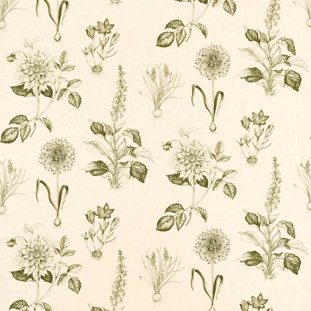 Cream botanical textile with olive-sage dahlias, airy stems and fine woven texture