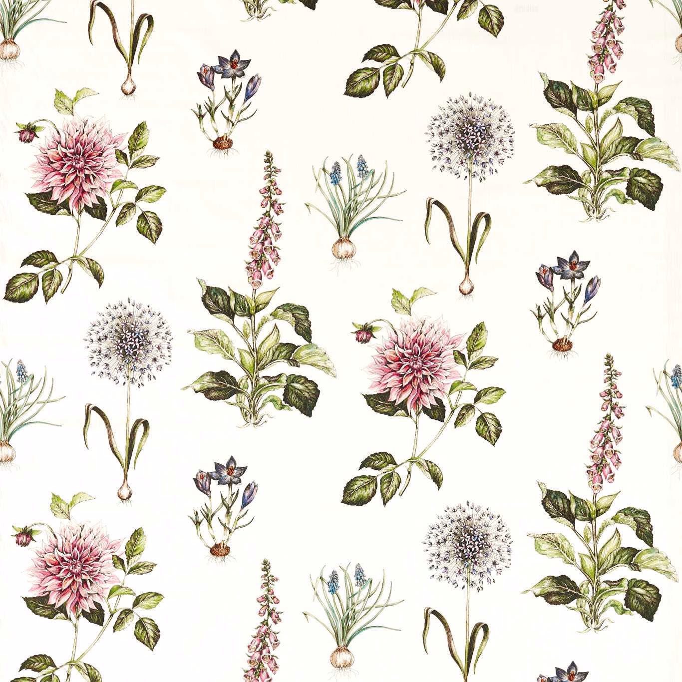 Warm ivory botanical print with pink dahlias, blue flowers and green leaves