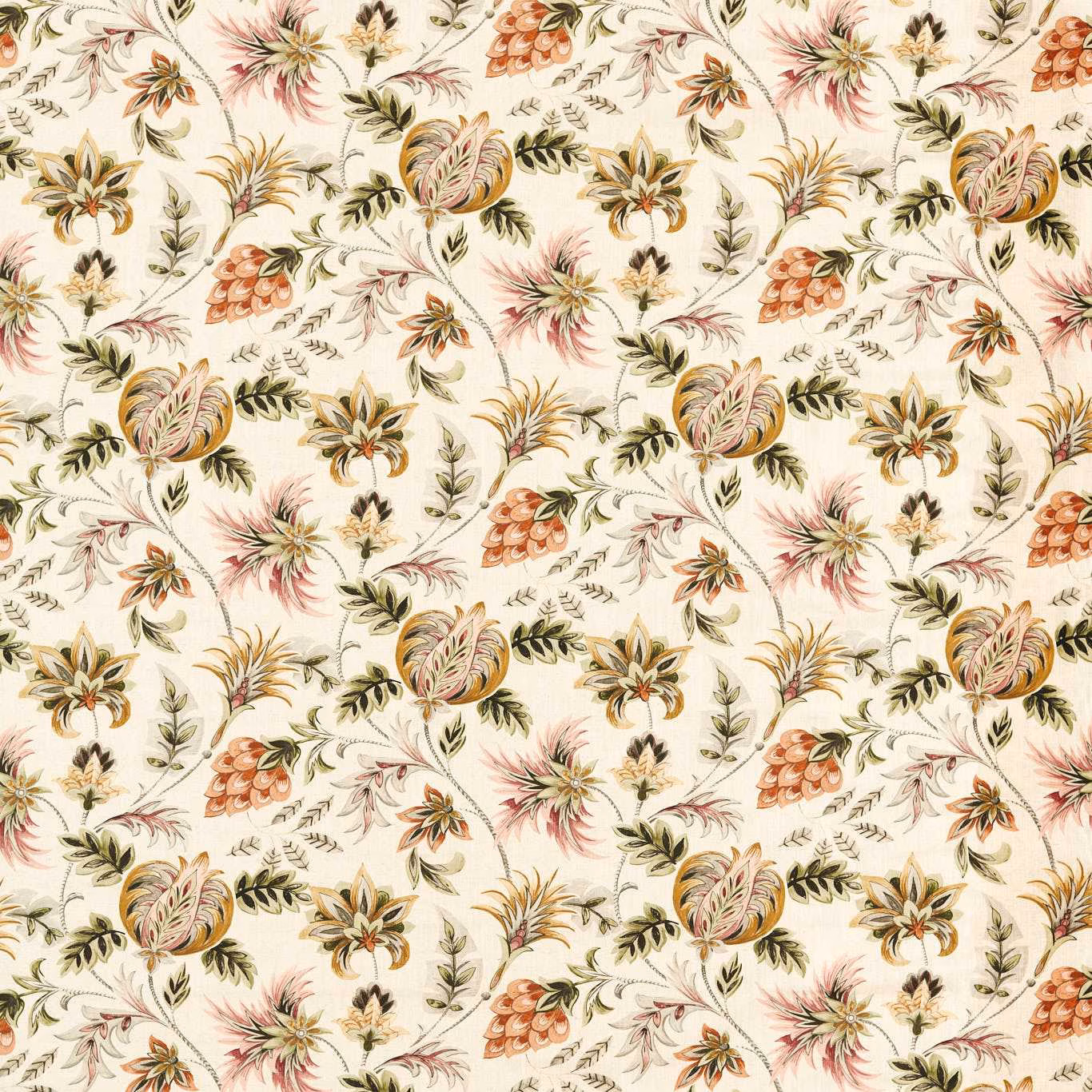 Cream floral textile with blush thistles, sage leaves and rust botanical sprays