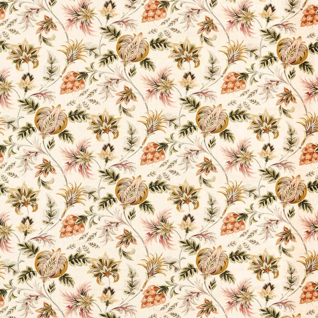 Cream floral textile with blush thistles, sage leaves and rust botanical sprays
