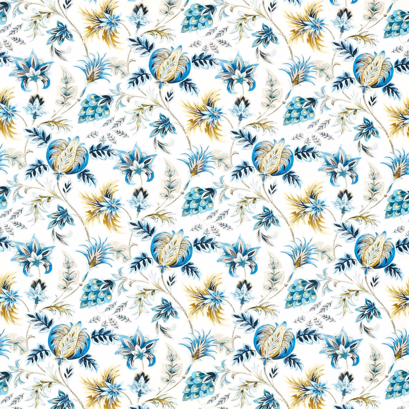 Cream botanical fabric with cobalt blooms, teal leaves and ochre feathery flowers