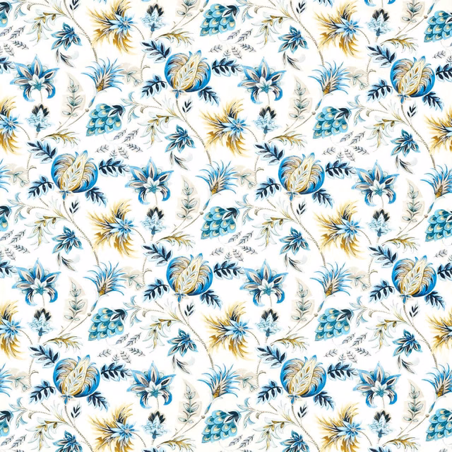 Cream botanical fabric with cobalt blooms, teal leaves and ochre feathery flowers