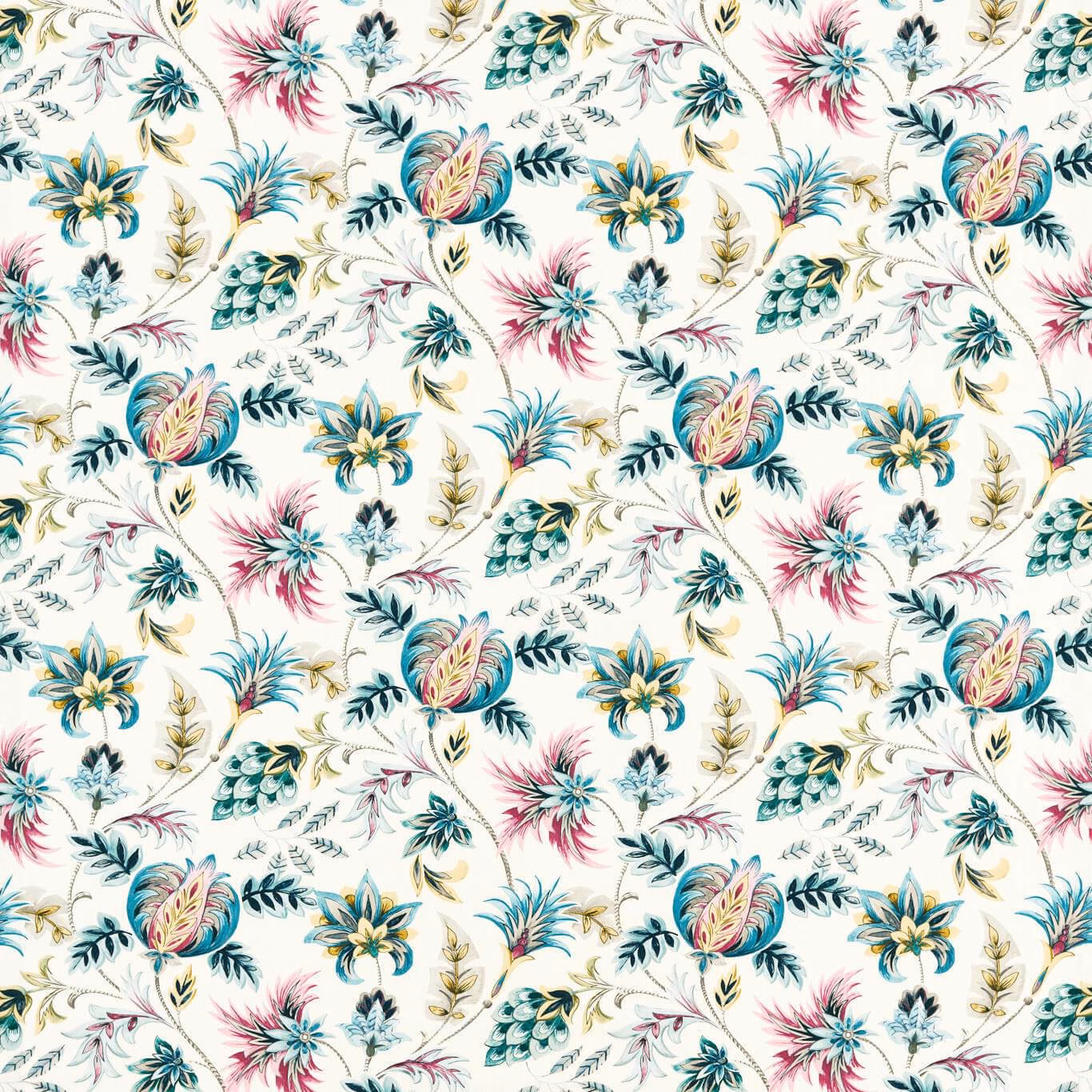 Cream botanical fabric with teal leaves, berry flowers, yellow blooms and fine trailing stems