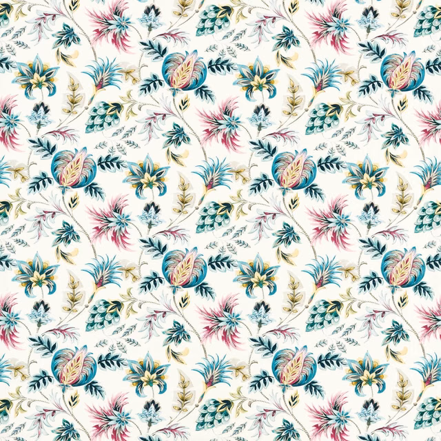 Cream botanical fabric with teal leaves, berry flowers, yellow blooms and fine trailing stems