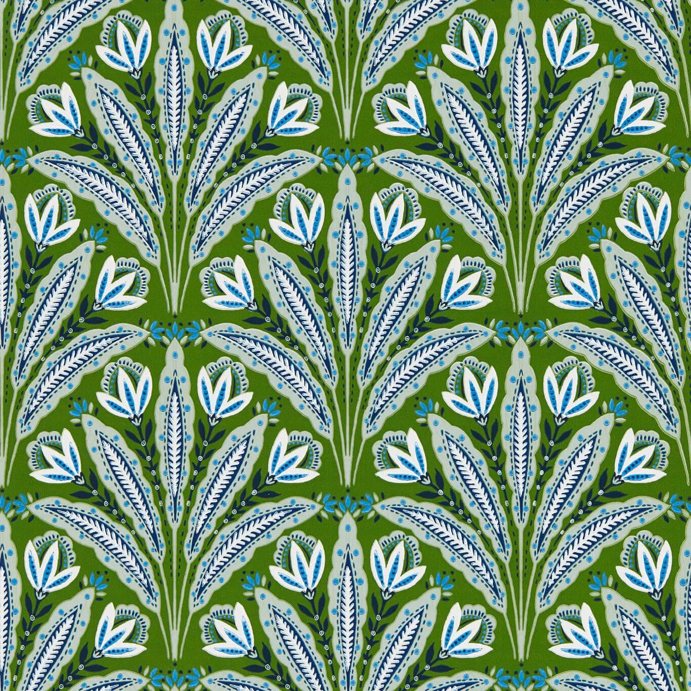 Cobalt and green wallpaper with repeating fan-shaped botanical sprays and pale aqua leaves