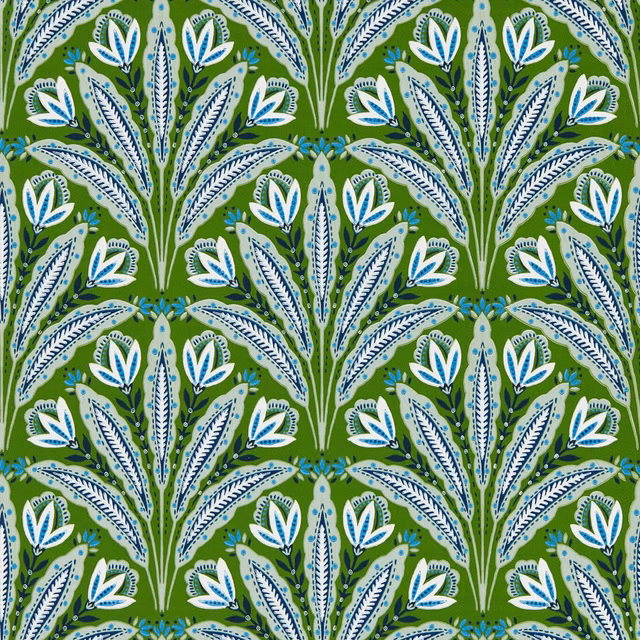 Cobalt and green wallpaper with repeating fan-shaped botanical sprays and pale aqua leaves