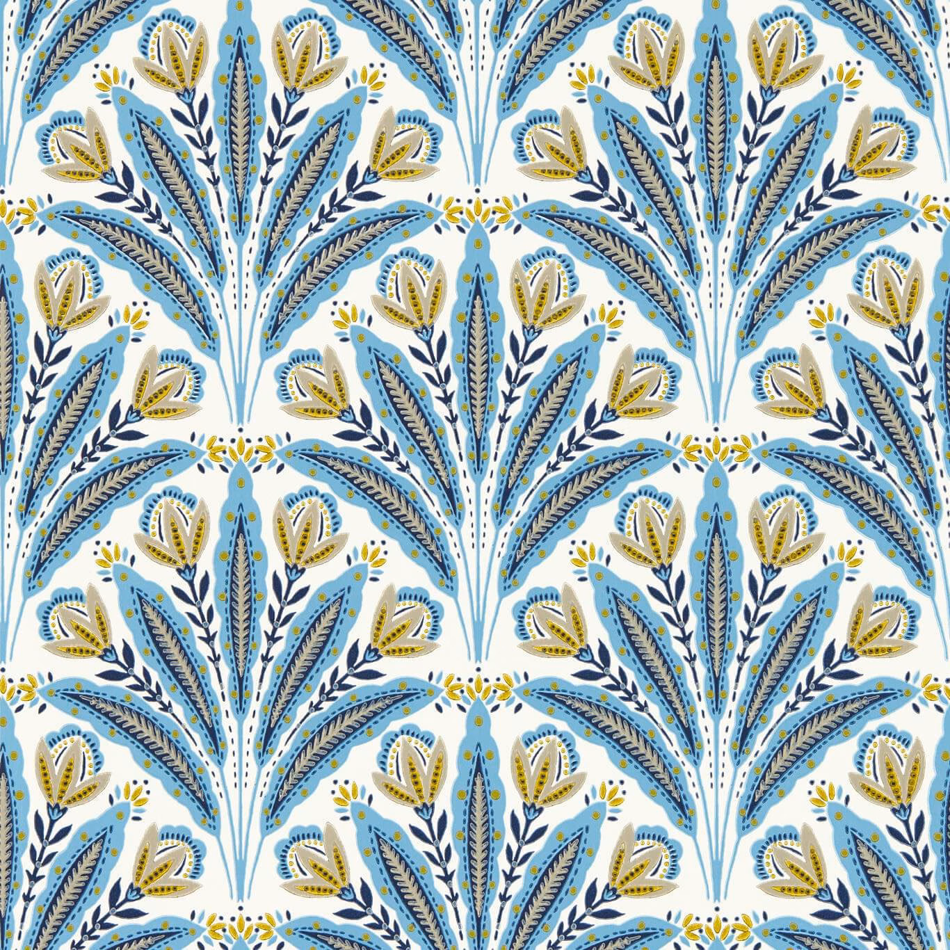Denim blue botanical wallpaper with navy foliage and ochre buds on white