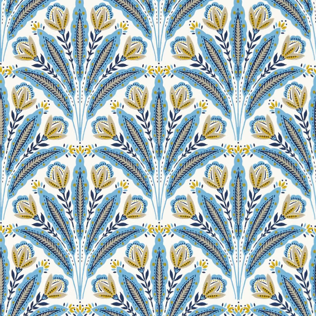 Denim blue botanical wallpaper with navy foliage and ochre buds on white