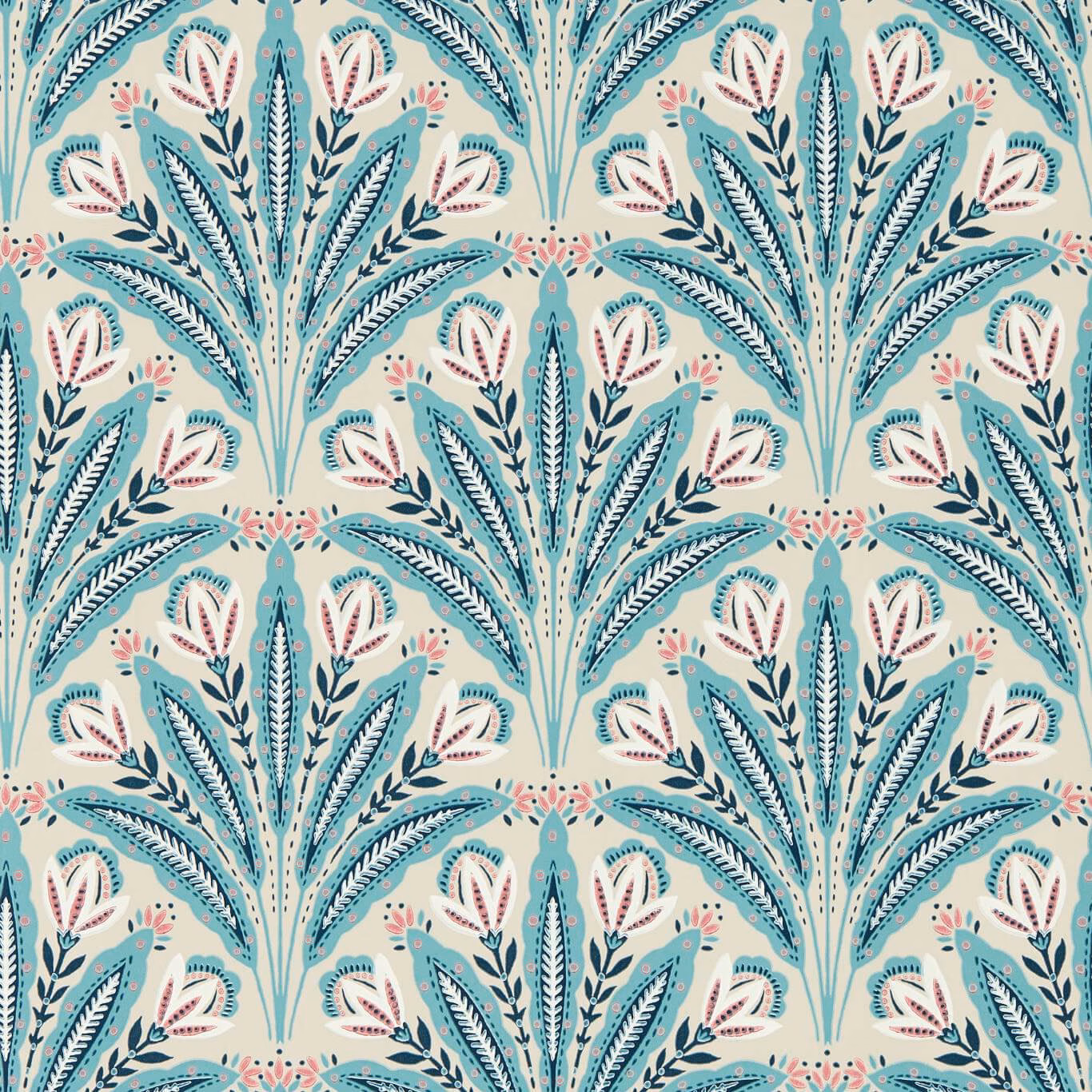 Mineral aqua wallpaper with cream botanical arches, navy leaves and blush flower details
