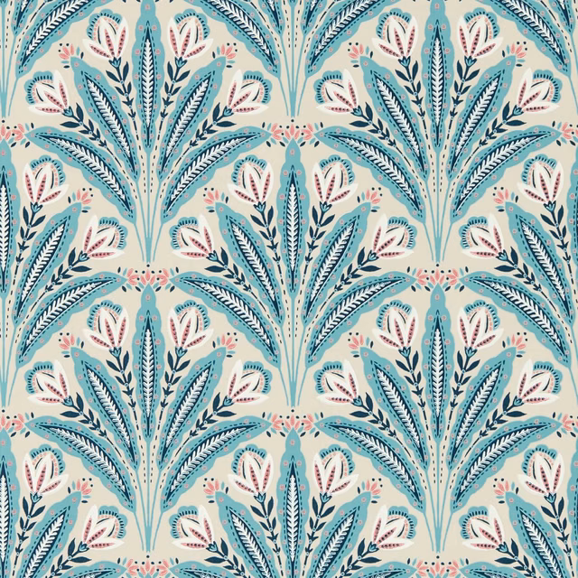 Mineral aqua wallpaper with cream botanical arches, navy leaves and blush flower details