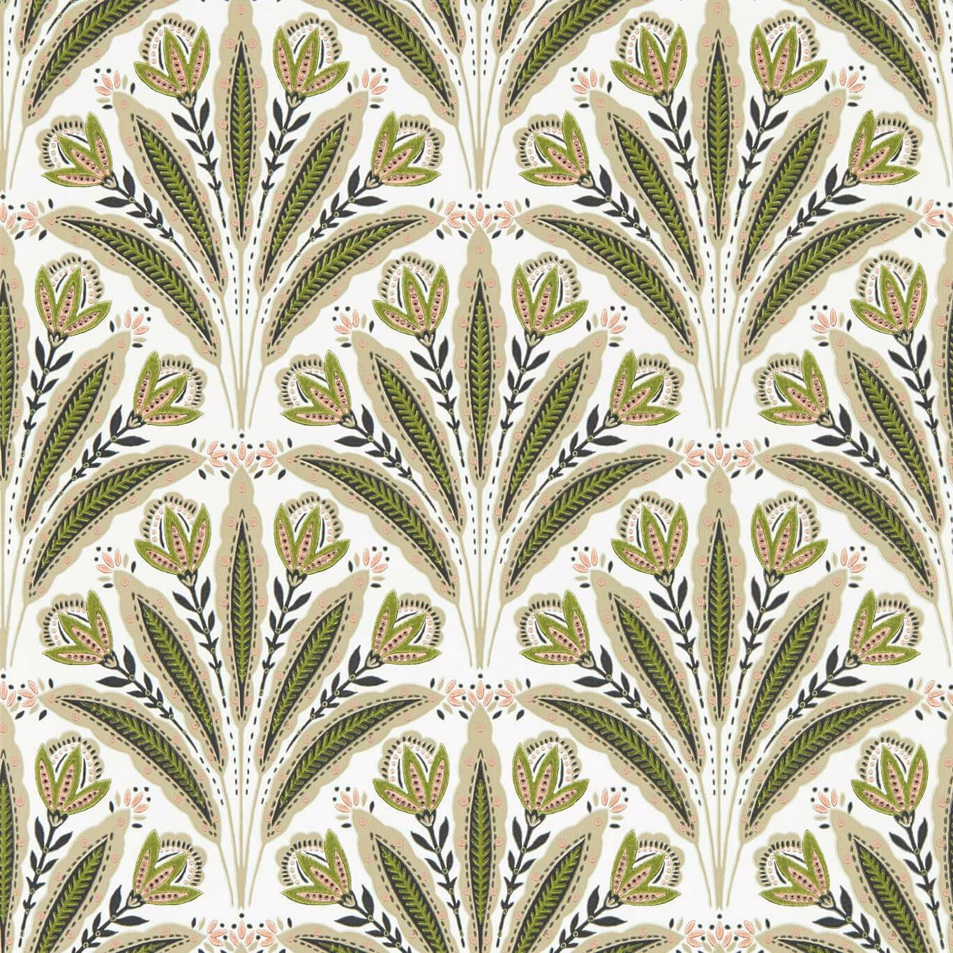 Sage and blush botanical fan motifs on a warm cream wallpaper ground