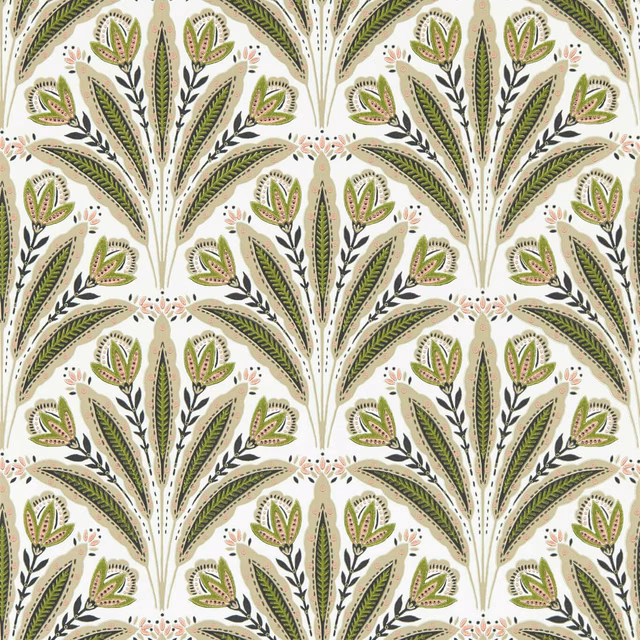 Sage and blush botanical fan motifs on a warm cream wallpaper ground