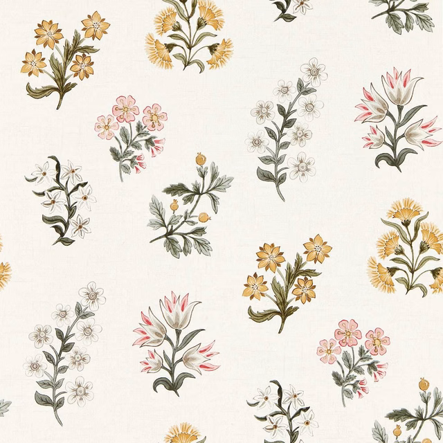 Cream wallpaper with scattered blush flowers, ochre blooms and grey-green leafy botanical sprigs