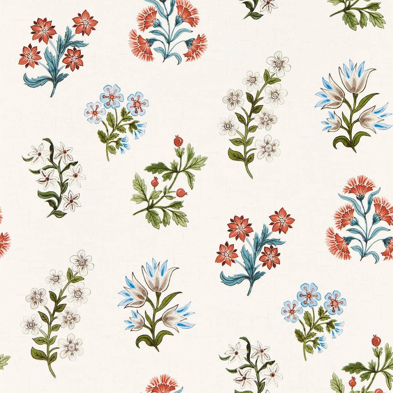 Cream wallpaper with coral, teal and blue botanical bouquets