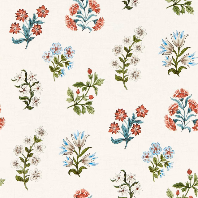 Cream wallpaper with coral, teal and blue botanical bouquets