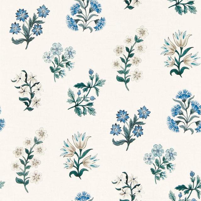 Muted denim-blue botanical bouquets and teal foliage on a warm cream ground