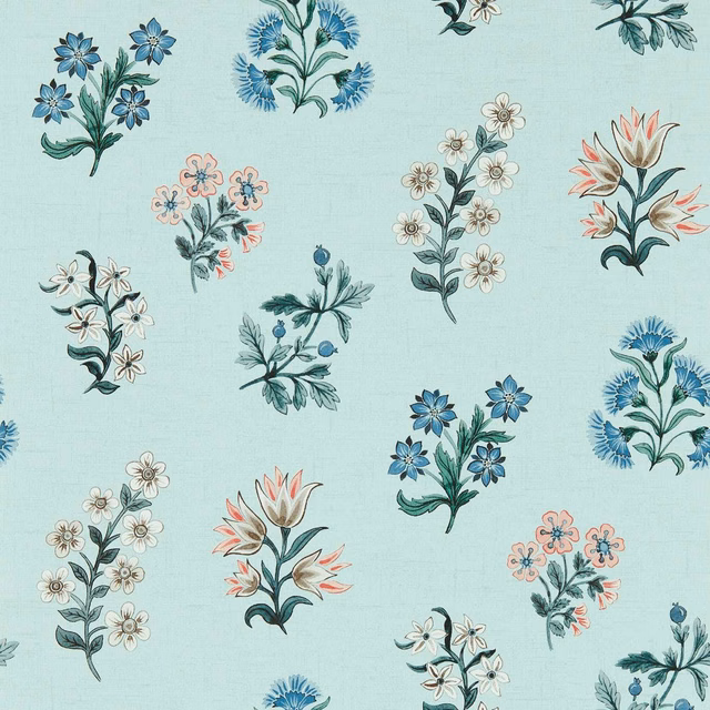 Pale seaglass aqua wallpaper with blue, coral and cream botanical sprays in fine linework