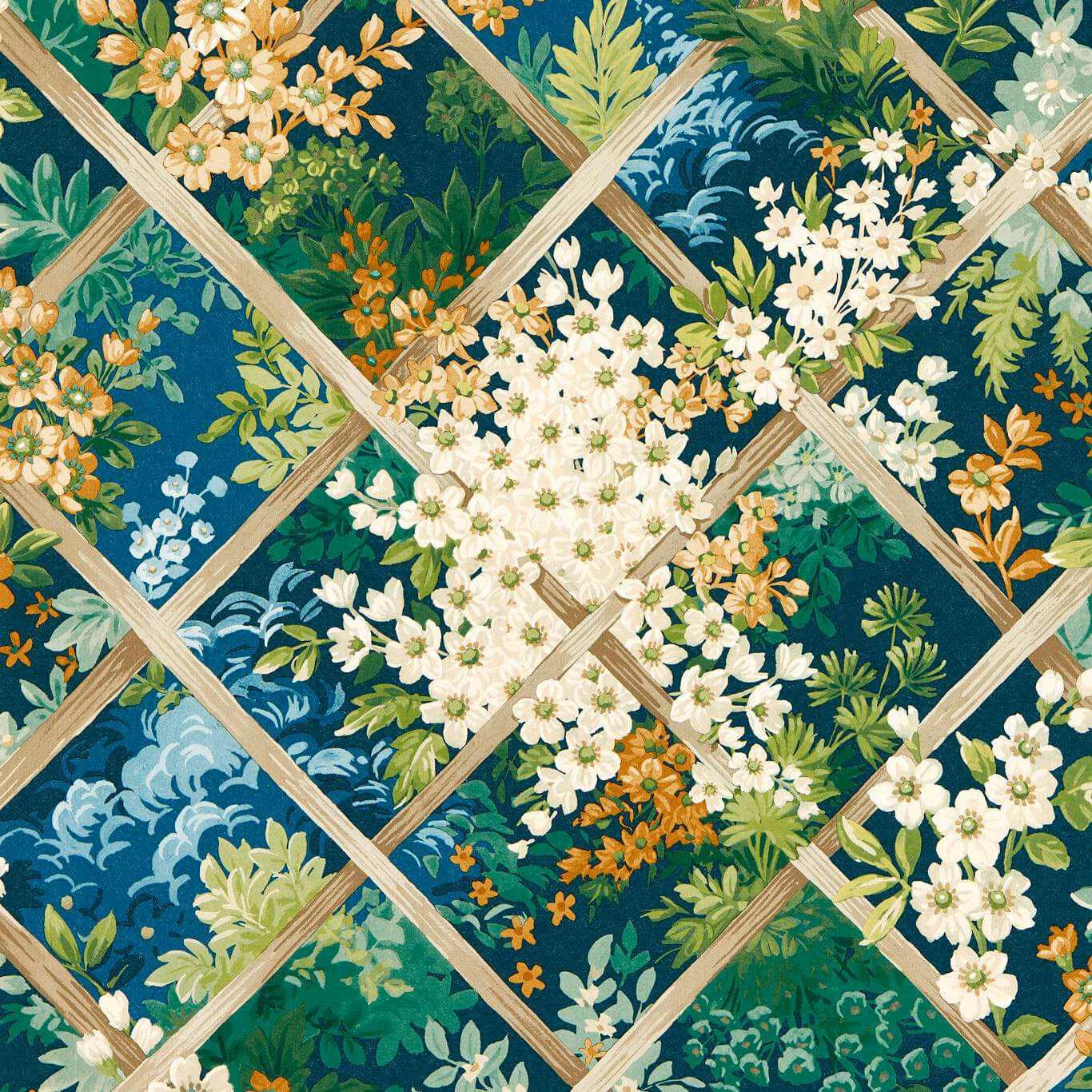 Deep forest-green wallpaper with cream blossom clusters, leafy panels and a tan trellis