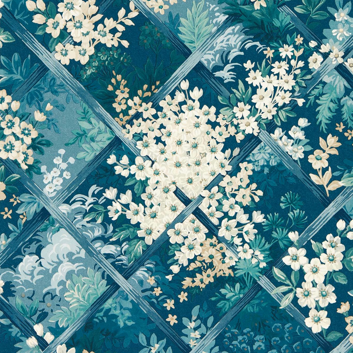 Midnight teal wallpaper with cream blossom clusters, leafy sprays and pale trellis lines