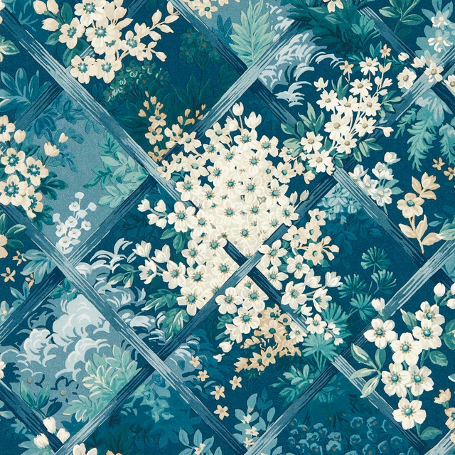 Midnight teal wallpaper with cream blossom clusters, leafy sprays and pale trellis lines