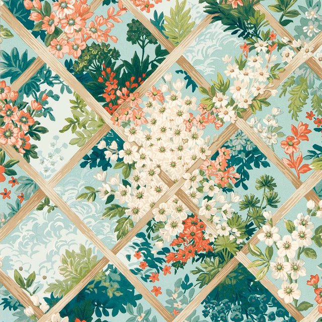 Pale seaglass wallpaper with coral flowers, white blossoms and leafy trellis