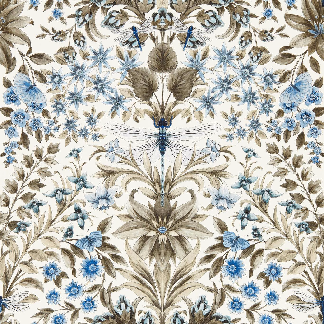Cream botanical wallpaper with denim-blue flowers, dragonflies and taupe foliage