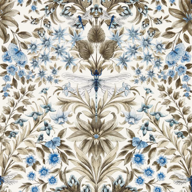 Cream botanical wallpaper with denim-blue flowers, dragonflies and taupe foliage