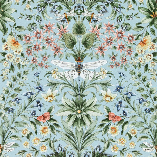 Pale seaglass blue-green wallpaper with dragonfly, pink flowers and leafy botanical illustration