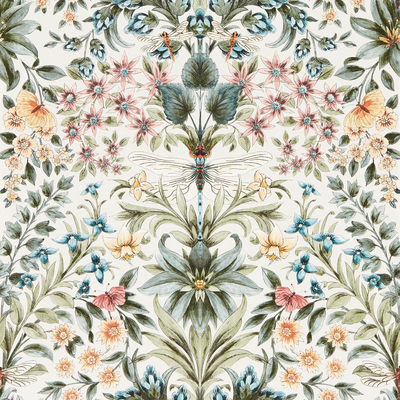 Sage and blush botanical wallpaper with central dragonfly on a cream ground