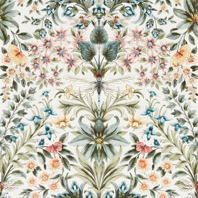 Sage and blush botanical wallpaper with central dragonfly on a cream ground