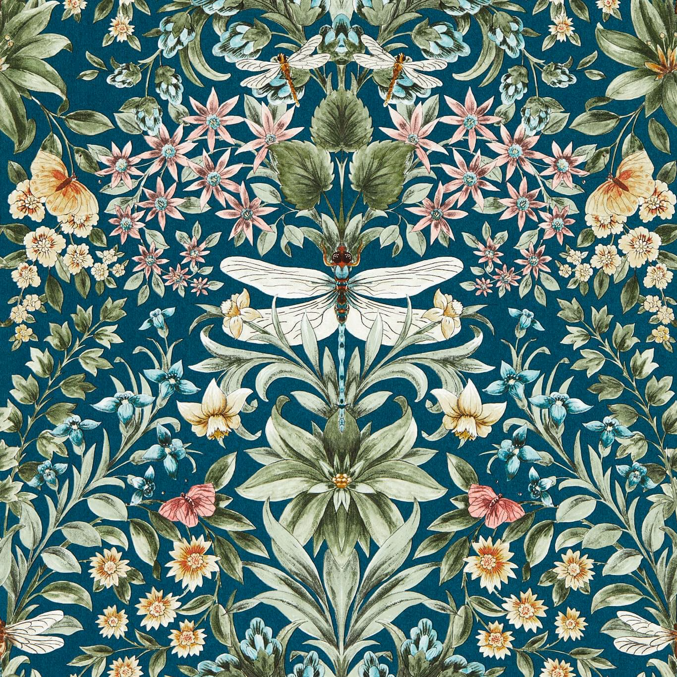 Teal garden wallpaper with dragonflies, pink flowers, pale lilies and mirrored botanical detail