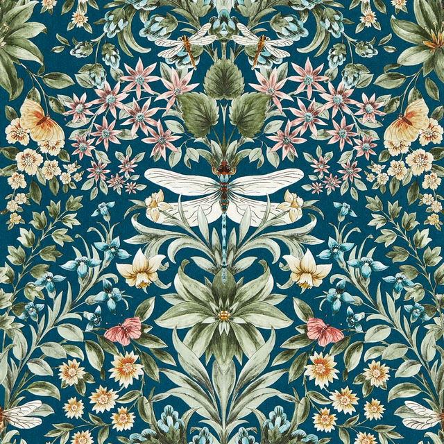 Teal garden wallpaper with dragonflies, pink flowers, pale lilies and mirrored botanical detail