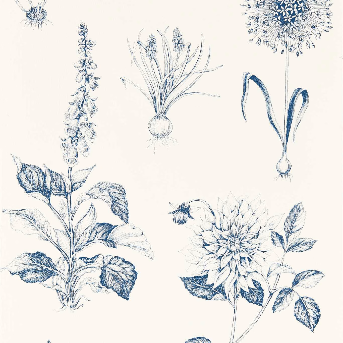 Cool navy botanical flowers and leaves illustrated on a warm ivory wallpaper ground