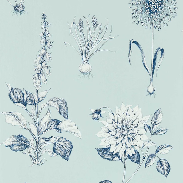 Pale seaglass wallpaper with navy dahlias, leafy stems and delicate botanical drawings
