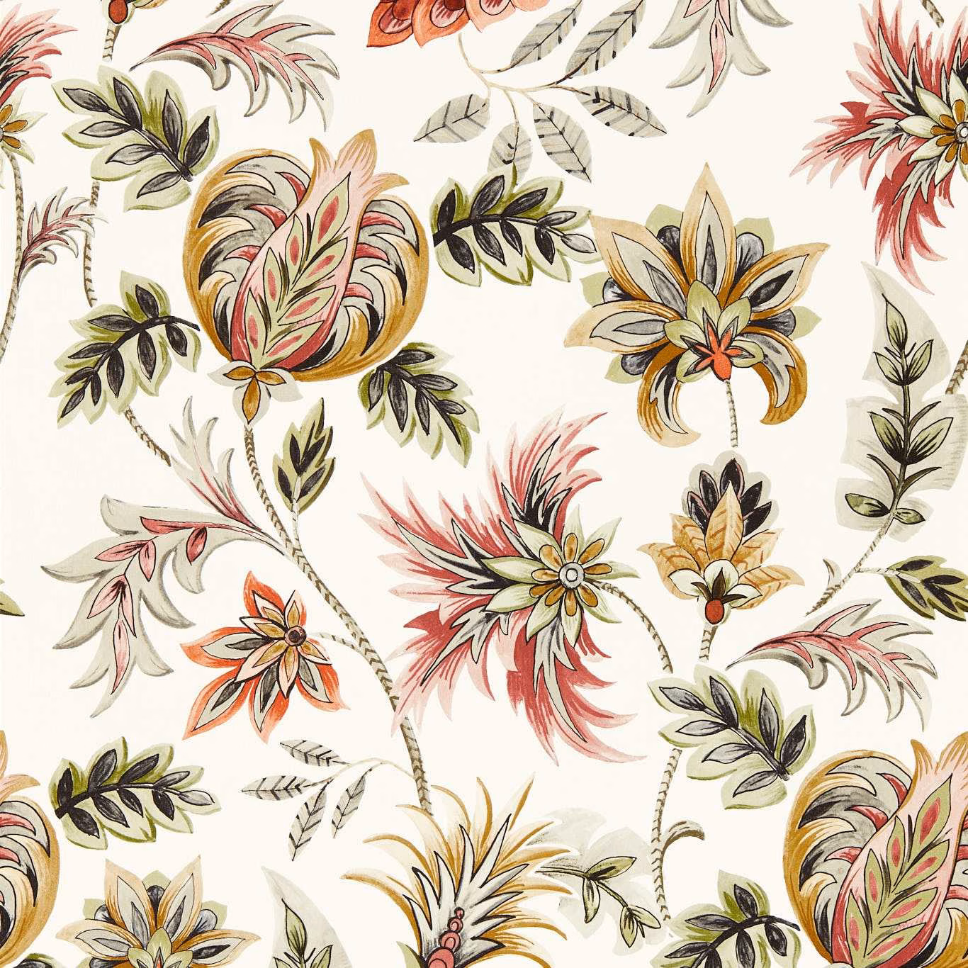 Blush and sage botanical blooms with olive, ochre and red details on ivory wallpaper