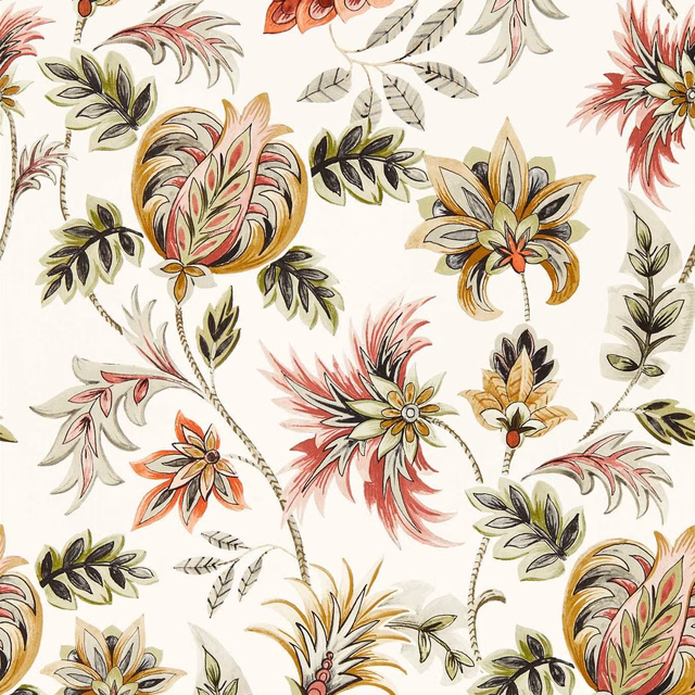 Blush and sage botanical blooms with olive, ochre and red details on ivory wallpaper