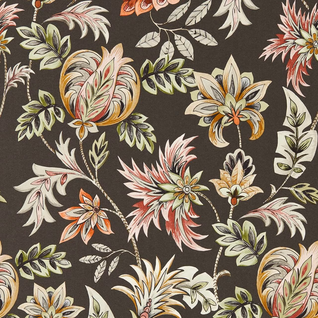 Deep charcoal wallpaper with ivory, coral and olive botanical flowers in a sweeping repeat