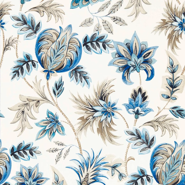 Cream wallpaper with large denim-blue flowers, aqua leaves and hand-drawn botanical stems