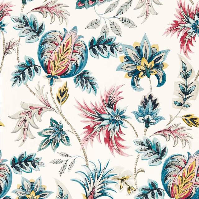 Cream wallpaper with large teal, berry, pink and yellow botanical flowers