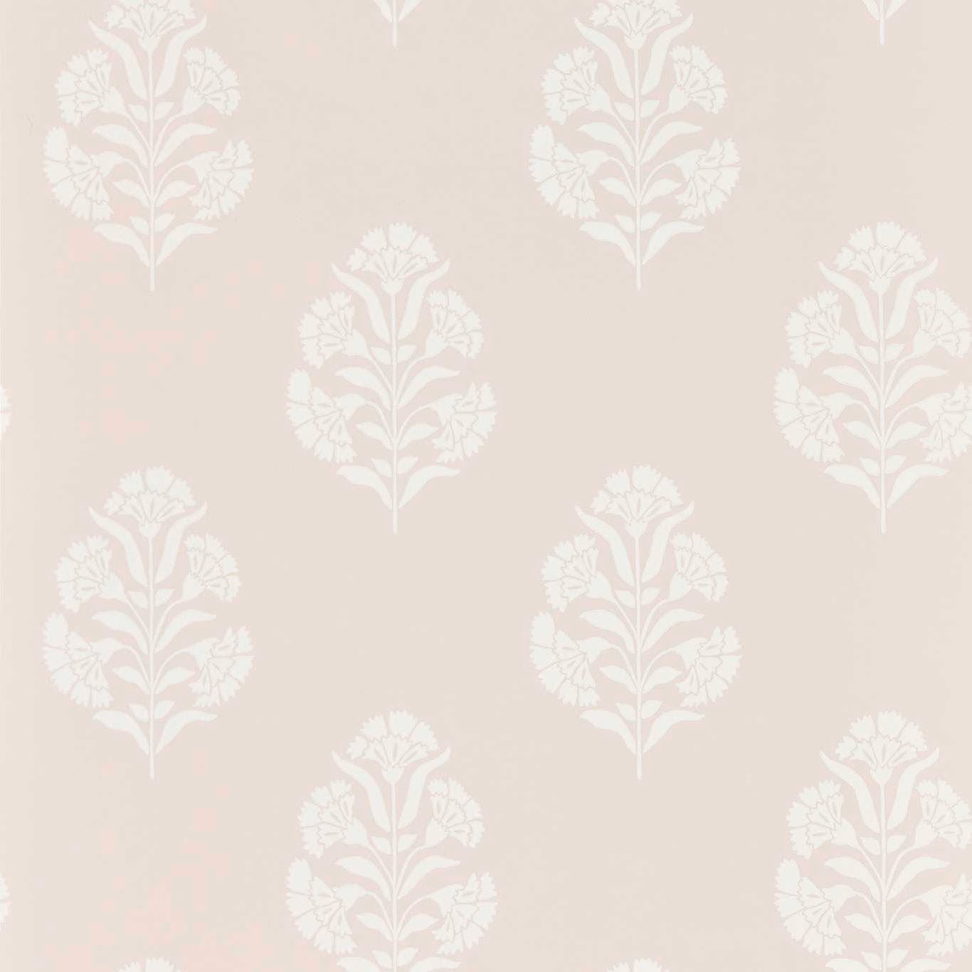 Pale blush-beige wallpaper with repeated ivory botanical floral motifs