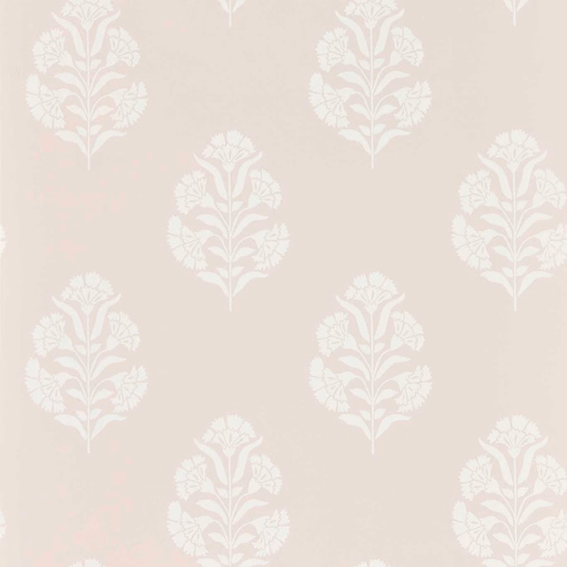 Pale blush-beige wallpaper with repeated ivory botanical floral motifs