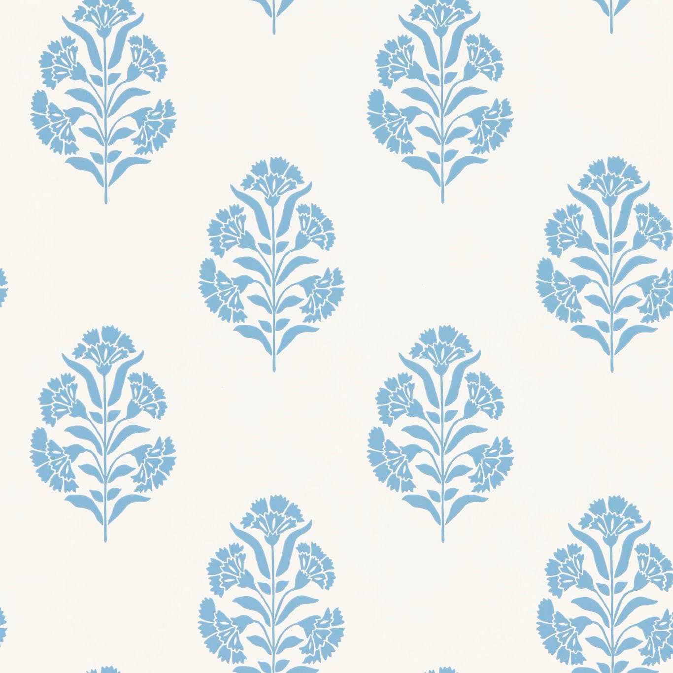 Denim-blue floral sprigs repeating across a warm cream wallpaper ground