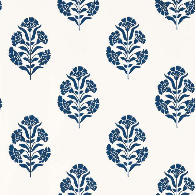 Midnight-blue stylised floral stems repeating across a warm cream wallpaper ground