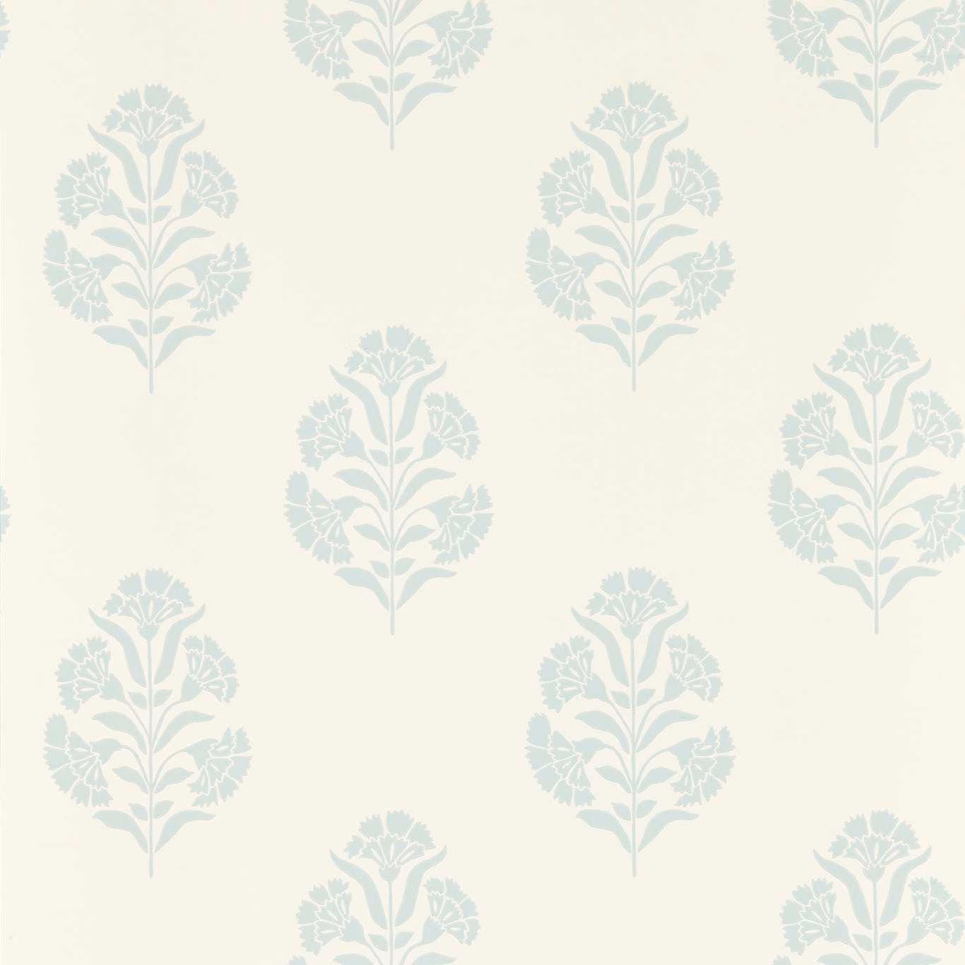 Chalky cream wallpaper with pale mineral blue-grey leafy floral sprays