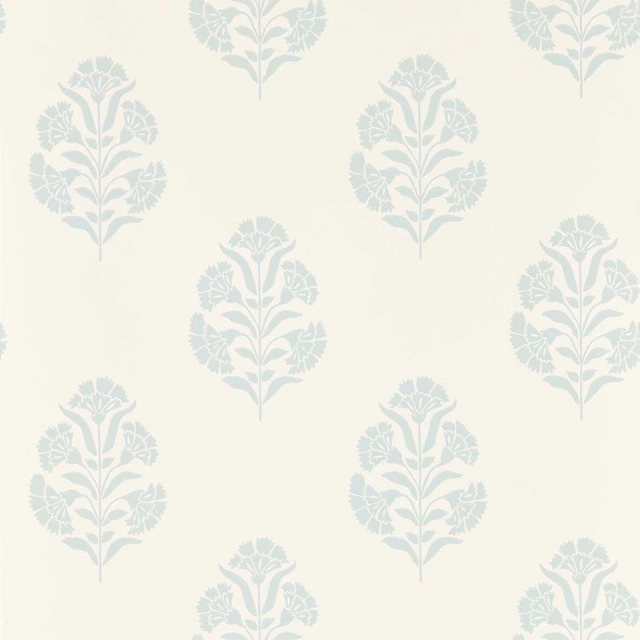 Chalky cream wallpaper with pale mineral blue-grey leafy floral sprays