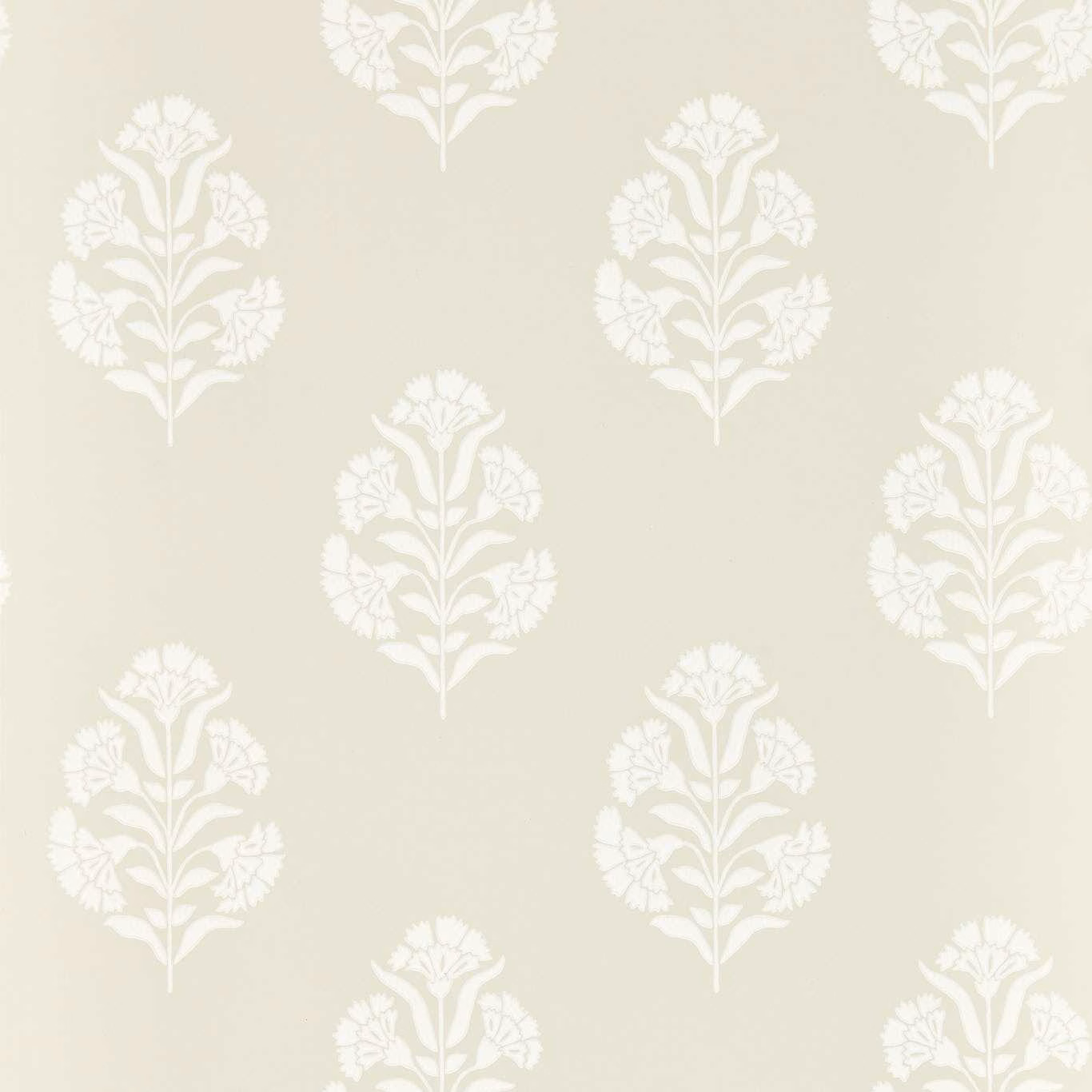 Warm natural beige wallpaper with repeating ivory floral medallions and fine stems