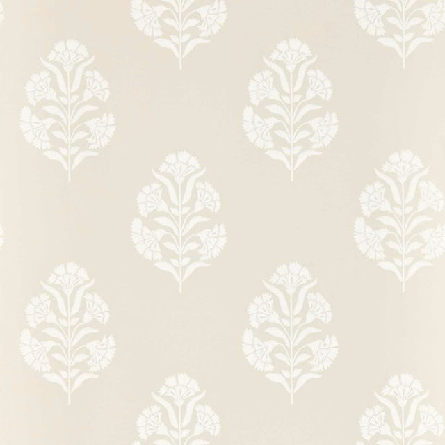 Warm natural beige wallpaper with repeating ivory floral medallions and fine stems