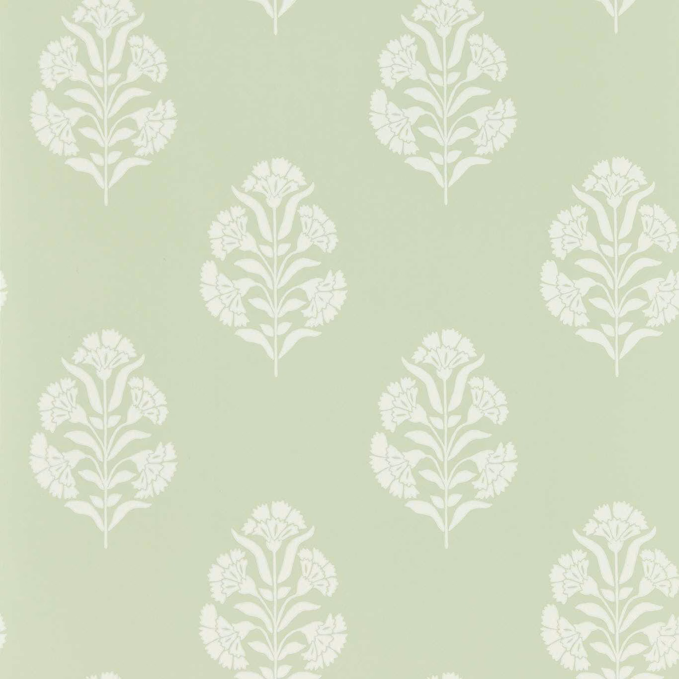 Pale sage wallpaper with repeating white stylised botanical flower sprays