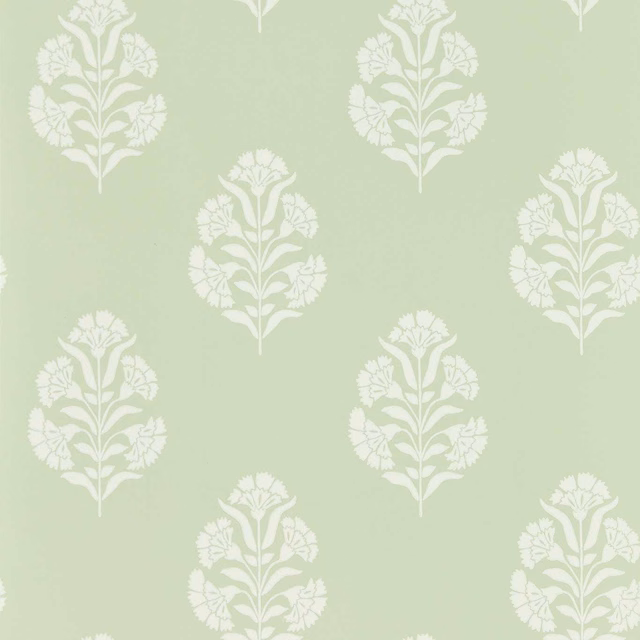 Pale sage wallpaper with repeating white stylised botanical flower sprays