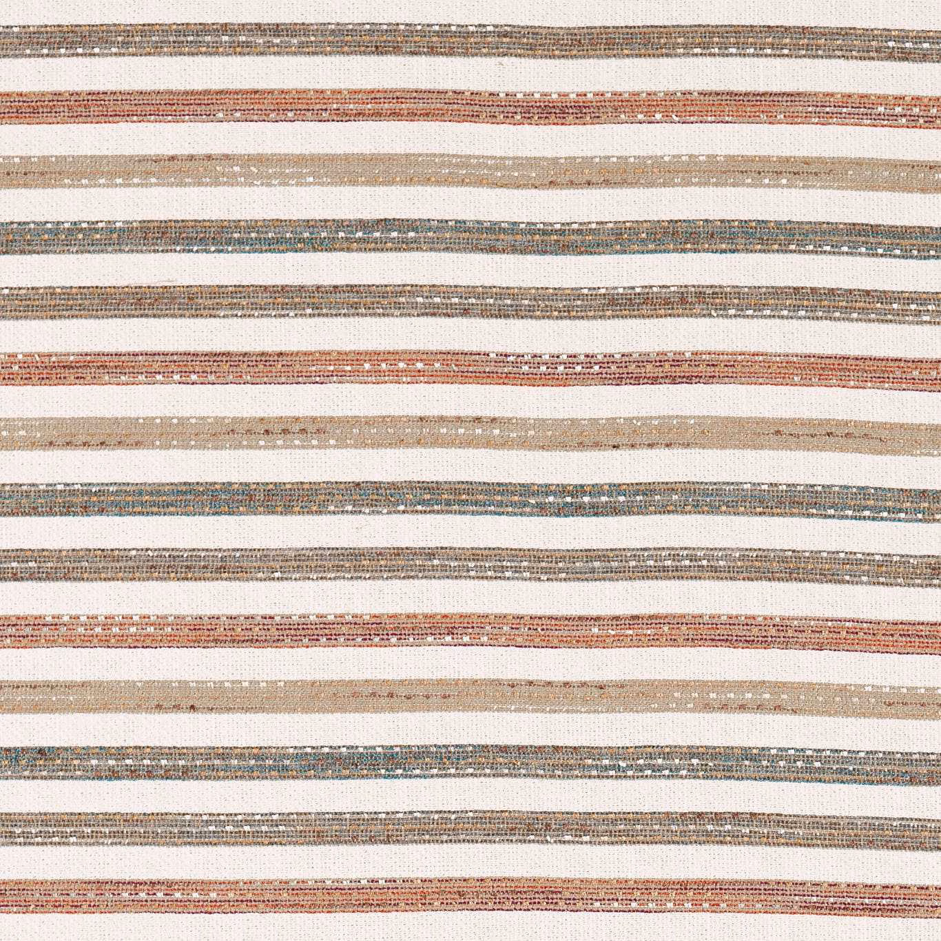 Cream woven fabric with irregular rust, taupe and blue-grey horizontal stripes